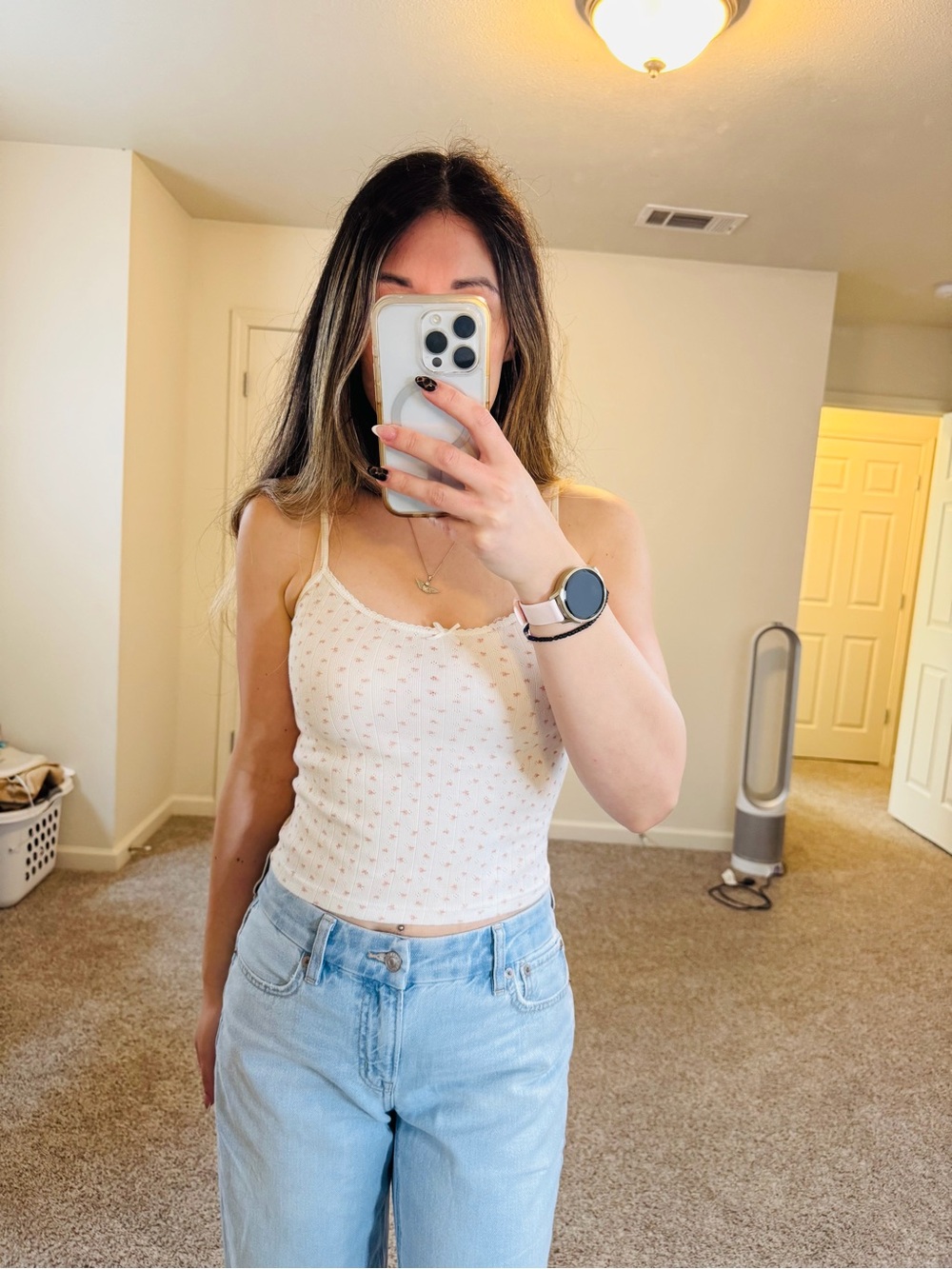 Brandy Melville White Pink Floral Pointelle Cami Tank One Size